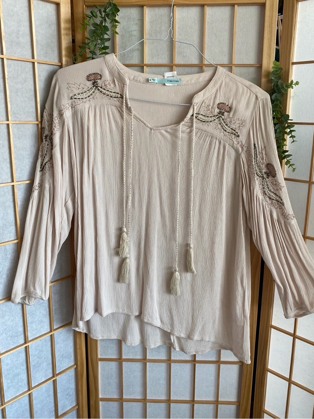 Maurices Cream Boho Tassel Embroidered Tunic
